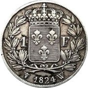 France Franc Louis XVIII 1824 W KM# 709.12 1 F 1819 W coin reverse France Franc Louis XVIII 1824 W KM# 709.12 1 F 1819 W coin reverse