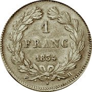 France Franc Louis Philippe I 1834 H KM# 748.5 1 FRANC 1834 H coin reverse France Franc Louis Philippe I 1834 H KM# 748.5 1 FRANC 1834 H coin reverse