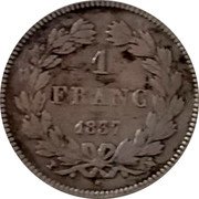 France Franc Louis Philippe I 1837 MA KM# 748.10 1 FRANC 1837 MA coin reverse France Franc Louis Philippe I 1837 MA KM# 748.10 1 FRANC 1837 MA coin reverse