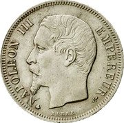 France Franc Napoleon III 1856 BB KM# 779.2 NAPOLEON III EMPEREUR BARRE coin obverse France Franc Napoleon III 1856 BB KM# 779.2 NAPOLEON III EMPEREUR BARRE coin obverse