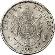 France Franc Napoleon III 1867 A KM# 806.1 EMPIRE FRANÇAIS 1 F 1866 coin reverse France Franc Napoleon III 1867 A KM# 806.1 EMPIRE FRANÇAIS 1 F 1866 coin reverse