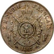 France Franc Napoleon III 1867 K KM# 806.3 EMPIRE FRANÇAIS 1 F 1867 coin reverse France Franc Napoleon III 1867 K KM# 806.3 EMPIRE FRANÇAIS 1 F 1867 coin reverse