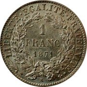 France Franc Ceres 1871 K Large K KM# 822.2 LIBERTE EGALITE FRATERNITE 1 FRANC 1871 K coin reverse France Franc Ceres 1871 K Large K KM# 822.2 LIBERTE EGALITE FRATERNITE 1 FRANC 1871 K coin reverse