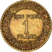 France Franc Chambers of Commerce 1920 KM# 876 CHAMBRES DE COMMERCE DE FRANCE BON POUR 1 FRANC BR AL coin obverse France Franc Chambers of Commerce 1920 KM# 876 CHAMBRES DE COMMERCE DE FRANCE BON POUR 1 FRANC BR AL coin obverse