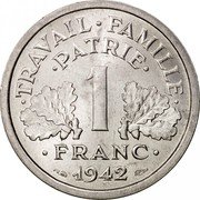 France Franc Francisque 1942 KM# 902.1 TRAVAIL FAMILLE PATRIE 1 FRANC 1942 coin reverse France Franc Francisque 1942 KM# 902.1 TRAVAIL FAMILLE PATRIE 1 FRANC 1942 coin reverse