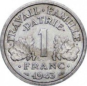 France Franc Ax and Grain Sprigs 1943 B KM# 902.2 TRAVAIL FAMILLE PATRIE 1 FRANC 1943 coin reverse France Franc Ax and Grain Sprigs 1943 B KM# 902.2 TRAVAIL FAMILLE PATRIE 1 FRANC 1943 coin reverse