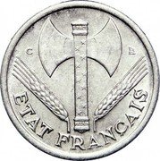 France Franc Ax and Grain Sprigs 1944 Large C KM# 902.3 C LB S PACIS PETAIN ETAT FRANÇAIS coin obverse France Franc Ax and Grain Sprigs 1944 Large C KM# 902.3 C LB S PACIS PETAIN ETAT FRANÇAIS coin obverse