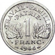 France Franc Ax and Grain Sprigs 1944 Large C KM# 902.3 TRAVAIL FAMILLE PATRIE 1 FRANC 1944 coin reverse France Franc Ax and Grain Sprigs 1944 Large C KM# 902.3 TRAVAIL FAMILLE PATRIE 1 FRANC 1944 coin reverse