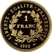 France Franc 200th Anniversary of the First French Republic 1992 Proof KM# 1004.1a LIBERTÉ EGALITÉ FRATERNITÉ 1 FRANC 1992 coin reverse