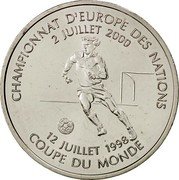 France Franc World Soccer Championship 2000 KM# 1262 CHAMPIONNAT D'EUROPE DES NATIONS 2 JUILLET 2000 12 JUILLET 1998 COUPE DU MONDE coin reverse France Franc World Soccer Championship 2000 KM# 1262 CHAMPIONNAT D'EUROPE DES NATIONS 2 JUILLET 2000 12 JUILLET 1998 COUPE DU MONDE coin reverse