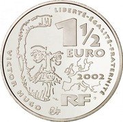 France 1-1/2 Euro 200th Birthday dramatist Victor Hugo 2002 Proof KM# 1332 LIBERTÉ ÉGALITÉ FRATERNITÉ 1 1/2 EURO 2002 RF VICTOR HUGO coin obverse France 1-1/2 Euro 200th Birthday dramatist Victor Hugo 2002 Proof KM# 1332 LIBERTÉ ÉGALITÉ FRATERNITÉ 1 1/2 EURO 2002 RF VICTOR HUGO coin obverse