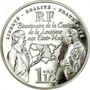 France 1-1/2 Euro Louisiana Purchase 2003 Proof KM# 1336 LIBERTÉ EGALITÉ FRATERNITÉ RF BICENTENAIRE DE LA CESSION DE LA LOUISIANE AUX ETATS-UNIS 1 1/2 EURO coin obverse