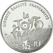 France 1-1/2 Euro Mountain Stage 2003 Proof KM# 1323 LIBERTÉ ÉGALITÉ FRATERNITÉ LE TOUR DE FRANCE 2003 1 1/2 EURO R F coin obverse