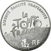 France 1-1/2 Euro Tour de France. Cyclist group 2003 Proof KM# 1322 LIBERTÉ ÉGALITÉ FRATERNITÉ LE TOUR DE FRANCE 1 1/2 EURO 2003 RF coin obverse