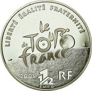 France 1-1/2 Euro Tour de France. Cyclist 2003 Proof KM# 1321 LIBERTÉ ÉGALITÉ FRATERNITÉ LE TOUR DE FRANCE 1 1/2 EURO 2003 RF coin obverse