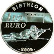 France 1-1/2 Euro Biathlon 2005 Proof KM# 1423 LIBERTÉ ÉGALITÉ JEUX D'HIVER RF FRATERNITÉ coin obverse France 1-1/2 Euro Biathlon 2005 Proof KM# 1423 LIBERTÉ ÉGALITÉ JEUX D'HIVER RF FRATERNITÉ coin obverse