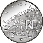 France 1-1/2 Euro 60th Anniversary of the End of the Second World War 2005 Proof KM# 1441 LA PAIX FAIT L'EUROPE 2005 1 1/2 RF EURO LIBERTÉ ÉGALITÉ FRATERNITÉ coin obverse