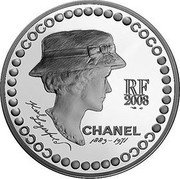 France 5 Euro Gabrielle Chanel 2008 Proof KM# 1566 RF 2008 CHANEL 1883 - 1971 KARL LAGARFELD COCO COCO COCO COCO coin obverse France 5 Euro Gabrielle Chanel 2008 Proof KM# 1566 RF 2008 CHANEL 1883 - 1971 KARL LAGARFELD COCO COCO COCO COCO coin obverse