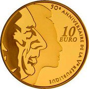 France 10 Euro The Sower. 50th Anniversary of the 5th French Republic 2008 Proof KM# 1539 50E ANNIVERSAIRE DE LA VE RÉPUBLIQUE 10 EURO coin reverse France 10 Euro The Sower. 50th Anniversary of the 5th French Republic 2008 Proof KM# 1539 50E ANNIVERSAIRE DE LA VE RÉPUBLIQUE 10 EURO coin reverse