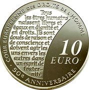 France 10 Euro The Sower. 50th Anniversary of the Court of Human Rights 2009 P Proof KM# 1584 COUR EUROPÉENNE DES DROITS DE L'HOMME 10 EURO 50E ANNIVERSAIRE TOUS LES ÊTRES HUMAINS NAISSENT LIBRES ET ÉGAUX EN DIGITÉ ET EN DROITS. ILS SONT DOUÉS DE RAISON ET DE CONSCIENCE ET DOIVENT AGIR LES UNS ENVERS LES AUTRES DANS UN ESPRIT DE FRATER- NITÉ. coin reverse