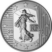 France 10 Euro The Sower. 50 Years of the New Franc 2010 Proof KM# 1675 RF 20 10 coin obverse France 10 Euro The Sower. 50 Years of the New Franc 2010 Proof KM# 1675 RF 20 10 coin obverse