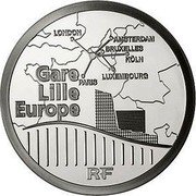 France 10 Euro Lille Europe Railway Station 2010 Proof KM# 1705 LONDON AMSTERDAM BRUXELLES KÖLN LUXEMBOURG PARIS GARE LILLE EUROPE RF coin obverse France 10 Euro Lille Europe Railway Station 2010 Proof KM# 1705 LONDON AMSTERDAM BRUXELLES KÖLN LUXEMBOURG PARIS GARE LILLE EUROPE RF coin obverse