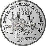 France 10 Euro The Sower. 50 Years of the New Franc 2010 Proof KM# 1675 CINQUANTIÈME ANNIVERSAIRE DU NOUVEAU FRANC 1960 2010 10 EURO coin reverse France 10 Euro The Sower. 50 Years of the New Franc 2010 Proof KM# 1675 CINQUANTIÈME ANNIVERSAIRE DU NOUVEAU FRANC 1960 2010 10 EURO coin reverse