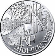 France 10 Euro Midi-Pyrenees - Millau Viaduct 2011 KM# 1752 RF MIDI-PYRÉNÉES coin reverse France 10 Euro Midi-Pyrenees - Millau Viaduct 2011 KM# 1752 RF MIDI-PYRÉNÉES coin reverse