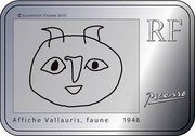 France 10 Euro Pablo Picasso 2010 Proof KM# 1713 © SUCCESSION PICASSO 2010 RF PICASSO AFFICHE VALLAURIS, FAUNE 1948 coin obverse France 10 Euro Pablo Picasso 2010 Proof KM# 1713 © SUCCESSION PICASSO 2010 RF PICASSO AFFICHE VALLAURIS, FAUNE 1948 coin obverse