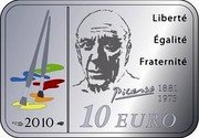 France 10 Euro Pablo Picasso 2010 Proof KM# 1713 LIBERTÉ ÉGALITÉ FRATERNITÉ PICASSO 1881 1973 2010 10 EURO coin reverse France 10 Euro Pablo Picasso 2010 Proof KM# 1713 LIBERTÉ ÉGALITÉ FRATERNITÉ PICASSO 1881 1973 2010 10 EURO coin reverse