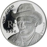 France 10 Francs-1.5 Euro Vincent Van Gogh 1996 Proof KM# 1147 VAN GOGH RF 1996 VINCENT coin obverse France 10 Francs-1.5 Euro Vincent Van Gogh 1996 Proof KM# 1147 VAN GOGH RF 1996 VINCENT coin obverse