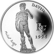 France 10 Francs-1.5 Euro David by Michaelangelo 1996 Proof KM# 1146 DAVID RF 1996 MICHEL ANGE coin obverse France 10 Francs-1.5 Euro David by Michaelangelo 1996 Proof KM# 1146 DAVID RF 1996 MICHEL ANGE coin obverse