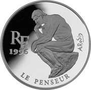 France 10 Francs-1.5 Euro The Thinker. Auguste Rodin 1996 Proof KM# 1124 RF 1996 A. RODIN LE PENSEUR coin obverse France 10 Francs-1.5 Euro The Thinker. Auguste Rodin 1996 Proof KM# 1124 RF 1996 A. RODIN LE PENSEUR coin obverse