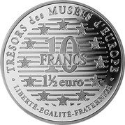 France 10 Francs-1.5 Euro David by Michaelangelo 1996 Proof KM# 1146 TRÉSORS DES MUSÉES D'EUROPE 10 FRANCS 1½ EURO LIBERTÉ-ÉGALITÉ-FRATERNITÉ coin reverse France 10 Francs-1.5 Euro David by Michaelangelo 1996 Proof KM# 1146 TRÉSORS DES MUSÉES D'EUROPE 10 FRANCS 1½ EURO LIBERTÉ-ÉGALITÉ-FRATERNITÉ coin reverse