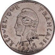 France 10 Francs French Polynesia 1997 (a) KM# 8 RÉPUBLIQUE FRANÇAISE I E O M 2002 R. JOLY coin obverse France 10 Francs French Polynesia 1997 (a) KM# 8 RÉPUBLIQUE FRANÇAISE I E O M 2002 R. JOLY coin obverse