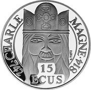 France 100 Francs-15 ECUS First Emperor Charlemagne 1990 Proof KM# 989 CHARLE MAGNE C. TIETZ 15 ECUS 742 814 coin reverse