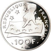 France 100 Francs-15 ECUS 395th Anniversary of Birth of Rene Descartes 1991 Proof KM# 1002 REPUBLIQUE FRANÇAISE 100 F A. GAL coin obverse France 100 Francs-15 ECUS 395th Anniversary of Birth of Rene Descartes 1991 Proof KM# 1002 REPUBLIQUE FRANÇAISE 100 F A. GAL coin obverse
