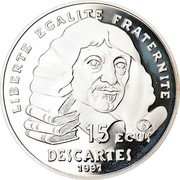 France 100 Francs-15 ECUS 395th Anniversary of Birth of Rene Descartes 1991 Proof KM# 1002 LIBERTE EGALITE FRATERNITE 15 ECUS DESCARTES 1991 coin reverse France 100 Francs-15 ECUS 395th Anniversary of Birth of Rene Descartes 1991 Proof KM# 1002 LIBERTE EGALITE FRATERNITE 15 ECUS DESCARTES 1991 coin reverse