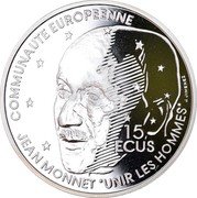 France 100 Francs-15 ECUS Jean Monnet 1992 Proof KM# 1012 15 ECUS COMMUNAUTE EUROPEENNE JEAN MONNET "UNIR LES HOMMES" J. JIMENEZ coin reverse