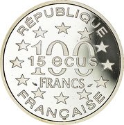 France 100 Francs-15 ECUS Brandenburg Gate 1993 Proof KM# 1032 RÉPUBLIQUE FRANÇAISE 100 FRANCS 15 ECUS coin obverse France 100 Francs-15 ECUS Brandenburg Gate 1993 Proof KM# 1032 RÉPUBLIQUE FRANÇAISE 100 FRANCS 15 ECUS coin obverse