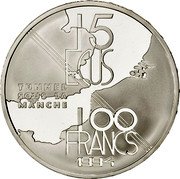 France 100 Francs-15 ECUS The Channel Tunnel 1994 Proof KM# 1060 15 ECUS TUNNEL SOUS LA MANCHE 100 FRANCS 1994 coin reverse France 100 Francs-15 ECUS The Channel Tunnel 1994 Proof KM# 1060 15 ECUS TUNNEL SOUS LA MANCHE 100 FRANCS 1994 coin reverse