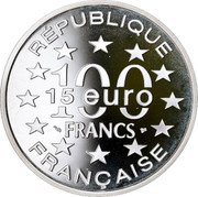 France 100 Francs 15 Euro St. Stephen's Cathedral. Vienna 1996 Proof KM# 1140 RÉPUBLIQUE 100 FRANCS 15 EURO FRANÇAISE coin obverse