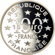 France 100 Francs-15 Euro Magere Brug. Amsterdam 1996 Proof KM# 1156 RÉPUBLIQUE 100 FRANCS 15 EURO FRANÇAISE coin obverse