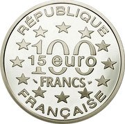 France 100 Francs-15 Euro Grand Place 1996 Proof KM# 1142 RÉPUBLIQUE 100 FRANCS 15 EURO FRANÇAISE coin obverse