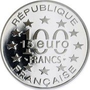 France 100 Francs-15 Euro Stockholm City Hall 1997 Proof KM# 1193 RÉPUBLIQUE 100 FRANCS 15 EURO FRANÇAISE coin obverse France 100 Francs-15 Euro Stockholm City Hall 1997 Proof KM# 1193 RÉPUBLIQUE 100 FRANCS 15 EURO FRANÇAISE coin obverse