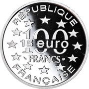 France 100 Francs-15 Euro St. Nicholas Cathedral 1997 Proof KM# 1176 RÉPUBLIQUE 100 FRANCS 15 EURO FRANÇAISE coin obverse France 100 Francs-15 Euro St. Nicholas Cathedral 1997 Proof KM# 1176 RÉPUBLIQUE 100 FRANCS 15 EURO FRANÇAISE coin obverse