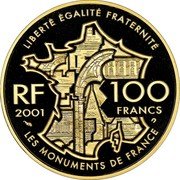 France 100 Francs Champs-Elysees 2001 Proof KM# 1271 LIBERTÉ ÉGALITÉ FRATERNITÉ RF 100 FRANCS 2001 LES MONUMENTS DE FRANCE coin obverse