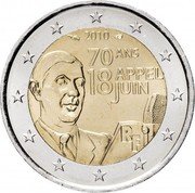 France 2 Euro De Gaulle's Radio Speech on June 18th - 1940 2010 KM# 1676 2010 70 ANS APPEL 18 JUIN RF coin obverse France 2 Euro De Gaulle's Radio Speech on June 18th - 1940 2010 KM# 1676 2010 70 ANS APPEL 18 JUIN RF coin obverse