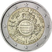France 2 Euro 10 Years of Euro Banknotes and Coins 2012 (a) KM# 1846 RÉPUBLIQUE FRANÇAISE A.H. € 2002 2012 coin obverse France 2 Euro 10 Years of Euro Banknotes and Coins 2012 (a) KM# 1846 RÉPUBLIQUE FRANÇAISE A.H. € 2002 2012 coin obverse