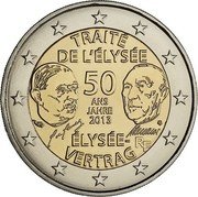 France 2 Euro 50th Anniversary of the Elysee Treaty 2013 KM# 2094 TRAITÉ DE L'ÉLYSÉE 50 ANS JAHRE 2013 ÉLYSÉE - VERTRAG RF coin obverse France 2 Euro 50th Anniversary of the Elysee Treaty 2013 KM# 2094 TRAITÉ DE L'ÉLYSÉE 50 ANS JAHRE 2013 ÉLYSÉE - VERTRAG RF coin obverse